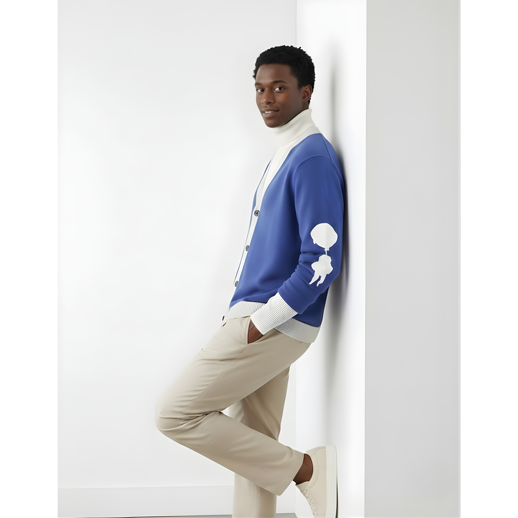 “Breakin’ Atoms L Cloud Thread Cardigan in blue with cream ribbed collar, cuffs, and hem, button-front knit cardigan featuring a white sleeve logo graphic, shown on model in side profile.”
