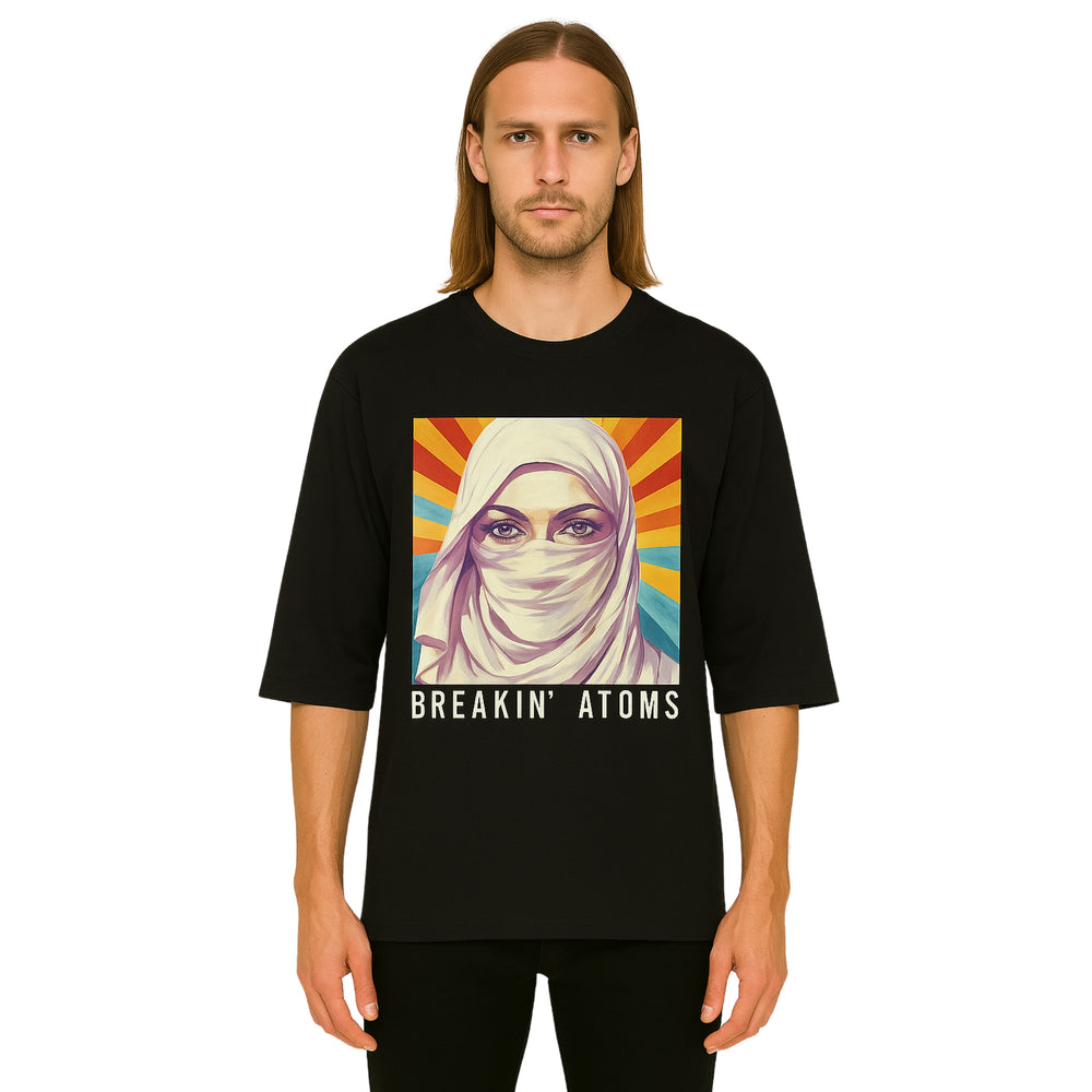 Model wearing Breakin' Atoms "Liberty Spectra T-Shirt," featuring a bold and artistic reimagining of the Statue of Liberty in vibrant tones — blending national symbolism with modern streetwear flair. — Breakin Atoms premium streetwear