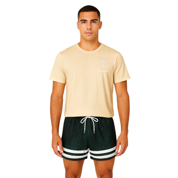 Model wearing Breakin' Atoms "Midnight Stride Shorts," solid black athletic-style shorts featuring subtle logo detailing and a clean cut — ideal for movement, comfort, and understated streetwear.