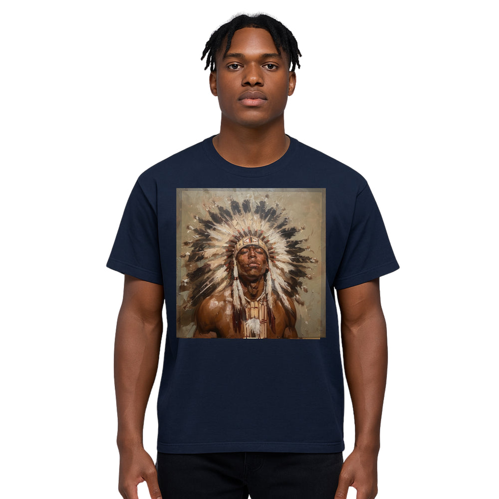Breakin' Atoms "Modern Warrior Tee" featuring a painted-style portrait of an Indigenous man in a traditional feathered headdress — a powerful blend of heritage, honor, and contemporary streetwear. — Breakin Atoms premium streetwear