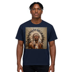 Breakin' Atoms "Modern Warrior Tee" featuring a painted-style portrait of an Indigenous man in a traditional feathered headdress — a powerful blend of heritage, honor, and contemporary streetwear. thumbnail 1