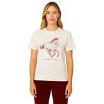 Model wearing Breakin' Atoms "Mustang Spirit Graphic Tee – Freedom Series" in light blue, featuring a red sketch-style mustang in mid-gallop and minimalist Breakin' Atoms logo — a tribute to untamed freedom and movement.  thumbnail 2