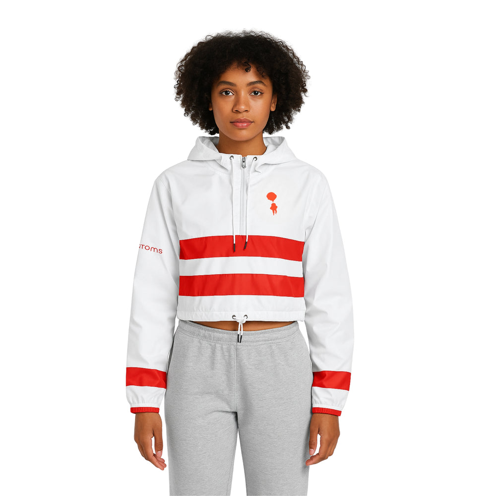 Model wearing Breakin' Atoms "Scarlet Strider Windbreaker" crop top — a vivid red lightweight jacket with a cropped fit, high collar, and zip-up front for bold, sporty streetwear style. — Breakin Atoms premium streetwear