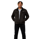 Breakin' Atoms "Atoms Sherpa-Lined Denim Classic" jacket featuring a vintage black wash, contrast black sherpa collar, and signature embroidered logo on the chest. thumbnail 1