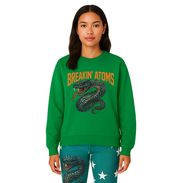 Female model wearing Breakin' Atoms Spring Sweatshirt featuring serpent graphic on pastel tie-dye fabric"