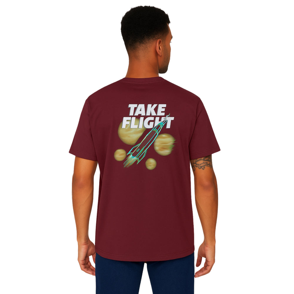 Model wearing Breakin' Atoms "Take Flight Shirt," a short sleeve button-up featuring a bold abstract design with avian-inspired graphics, ideal for expressive streetwear and modern creative wardrobes. — Breakin Atoms premium streetwear