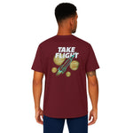 Model wearing Breakin' Atoms "Take Flight Shirt," a short sleeve button-up featuring a bold abstract design with avian-inspired graphics, ideal for expressive streetwear and modern creative wardrobes. thumbnail 1