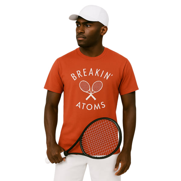Model wearing Breakin' Atoms Tennis Shirt in red, featuring an athletic fit, performance fabric, and classic polo collar — perfect for tennis or casual sport-inspired streetwear.