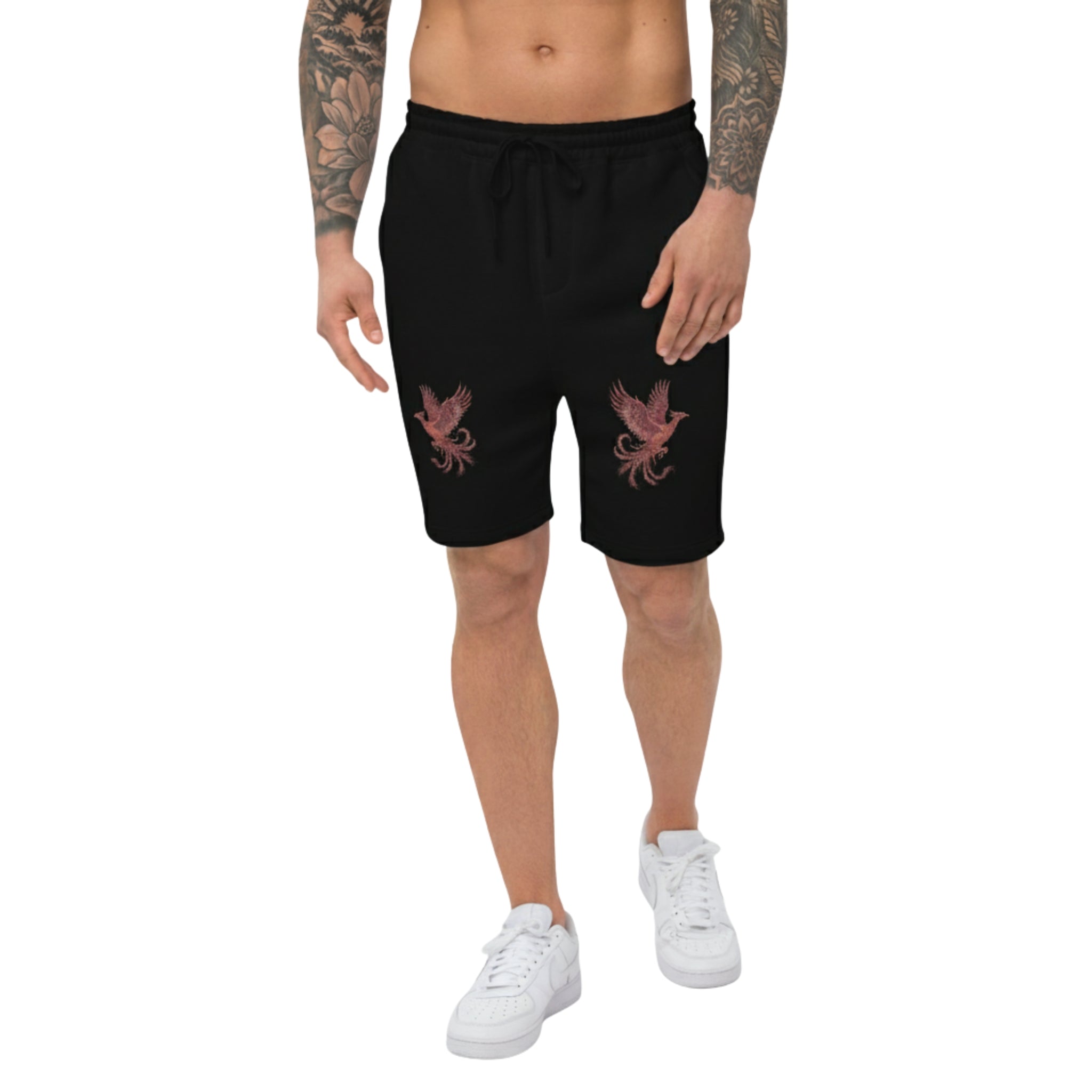 Model wearing black Breakin’ Atoms Twin Flam Shorts with twin red phoenix DTF prints on front thighs.