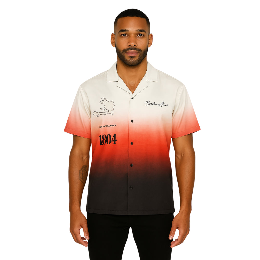 Breakin' Atoms "Unity Revolution Button-Up" shirt featuring the Haitian map, national motto “L’Union Fait La Force,” and the year 1804 — a tribute to the Haitian Revolution and bold cultural pride. — Breakin Atoms premium streetwear