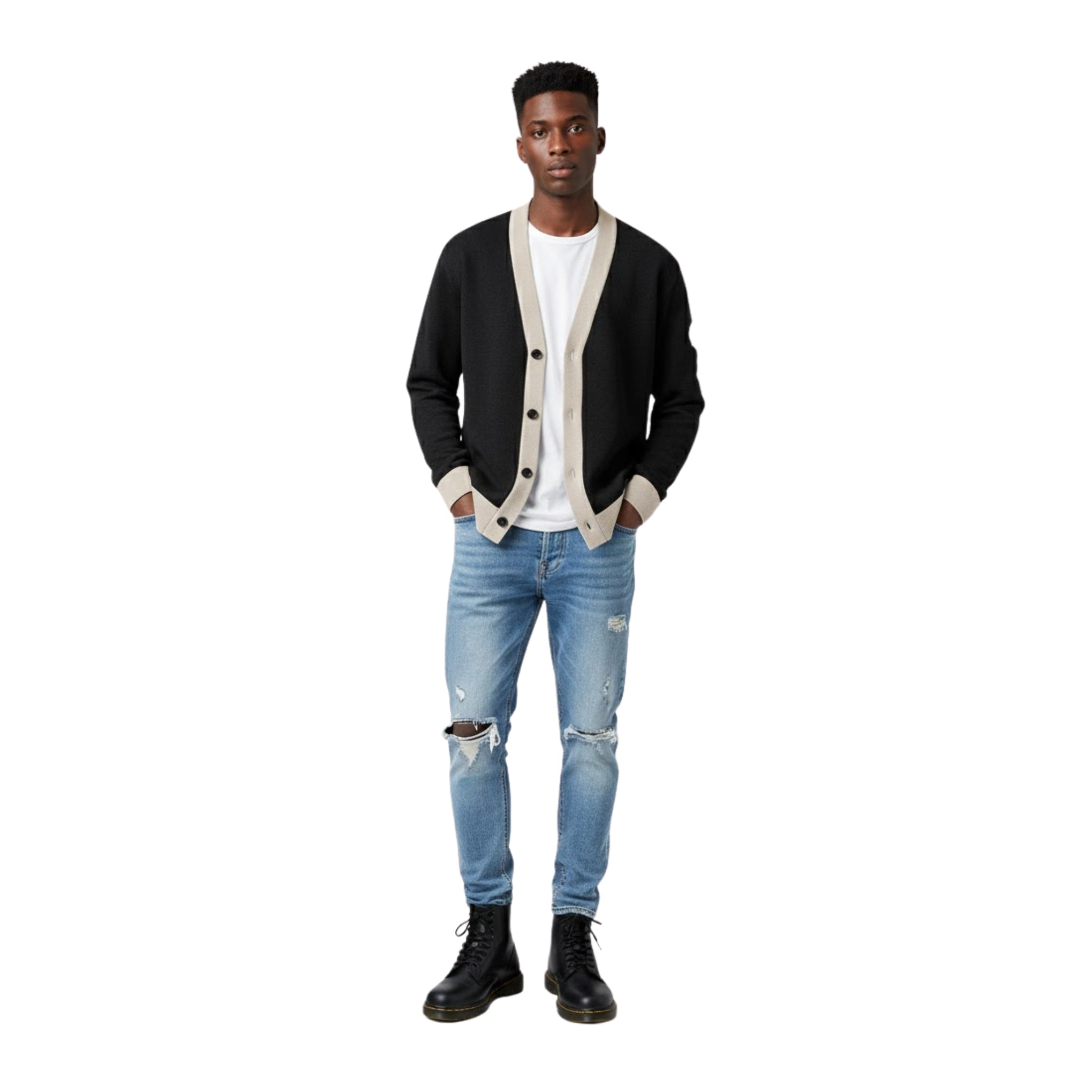 Model wearing the Breakin’ Atoms Cloud Thread Cardigan in black with contrast trim, shown from the front.