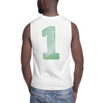Flat lay of the Breakin’ Atoms Lakou Tank Muscle Shirt in white. The back design shows a bold mint-green watercolor-style number “1” centered on the garment. thumbnail 2
