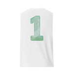 Back view of a man wearing the Breakin’ Atoms Lakou Tank Muscle Shirt in white. The shirt features a large mint-green watercolor-style number “1” printed in the center of the back. thumbnail 3