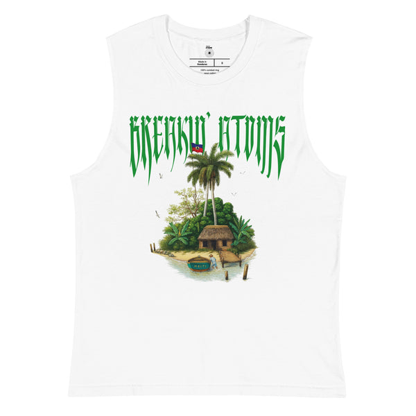 Front view of the Breakin’ Atoms Lakou Tank Muscle Shirt in white. The design features a detailed island scene with a thatched hut, palm trees, and a docked canoe marked “Haiti.” Above the illustration, the Breakin’ Atoms logo is printed in sharp green gothic lettering with the Haitian flag perched at the top of the palms.