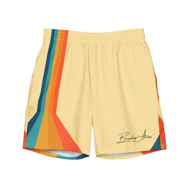 Retro Lane yellow swim trunks with multicolor side stripes