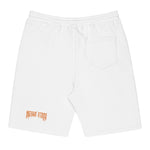 Back view of white Breakin’ Atoms Twin Flam Shorts with orange Breakin’ Atoms logo DTF print above the pocket. thumbnail 6